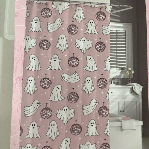 Kassatex Pink Ghost and Disco Ball Shower Curtain - Picture 1 of 6